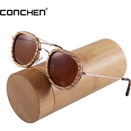 CONCHEN Women Sunglasses Luxury Vintage Sunglasses Men Polarized UV400 Round Sun Glasses Wood Drop Shipping Occhiali Da Sole
