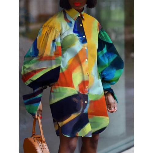 Women Loose Shirt Dress Printed Long Lantern Sleeves Mini Female Cusual Retro Colorful Female Plus Size Summer Autumn Clothing