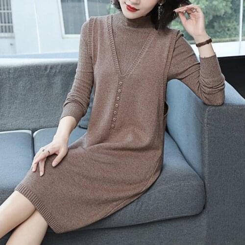 2021 Women Fashion 2 Piece Set Women V Neck Solid Color Loose Sweaters Vest and Knitted Dress Outfits Chic Two Piece Suit Q805