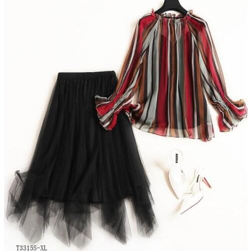 European style 2019 New arrivals summer Spring fashion women clothes striped blouse + solid color skirt casual suit T3315