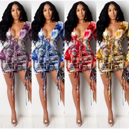 New Autumn Women Printed Dress Sling Strap Sexy V Neck Lace Up Bandage Ruched Party Dress Bodycon Vintage Club Outfits Dress