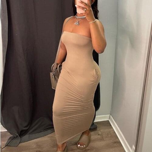2021 Sleeveless Slash Neck Strapless Solid Bodycon Maxi Dress Summer Sexy Women Streetwear Y2K Party Club Dresses