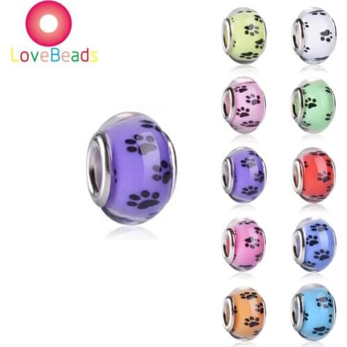 10Pcs Cute Color Puppy Dog Animal Pet Paw Foot Print Round Loose Large Hole Bead Fit for European Pandora Charm Bracelet Jewelry