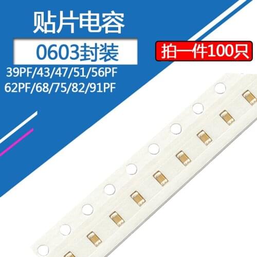 100pcs/lot 0603 Chip Capacitor 39PF50v 43pf 47pf 51pf 56pf 62pf 68pf 75pf 82pf 91pf 50v 470J