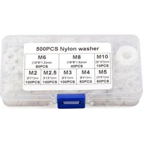 500Pcs M2/M2.5/M3/M4/M5/M6/M8/M10 Gaskets Smooth Anti-corrosion High Strength Multipurpose Nylon Flat Washer Kit for Sealing