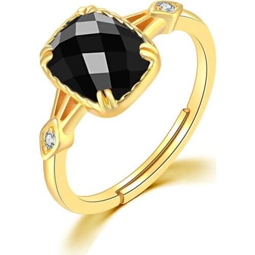 925 Sterling Silver With 9K Gold Natural Black Agate AAA Zircon Rings Punk Designer Club Cocktail Party Japan Korea Fashion