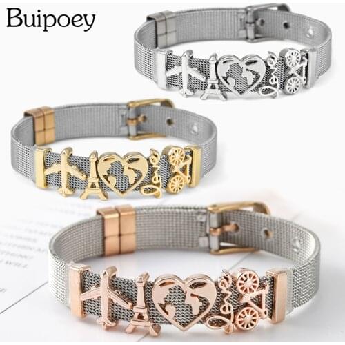Buipoey Two Color Stainless Steel Strap Bracelet For Women Original Love Map Bicycle Aircraft Tower Beads Bangle Couple Jewelry