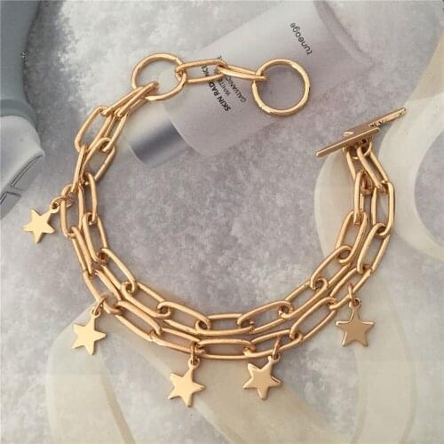 Elegant Gold Color Star Charm Around Layered Braclet Boltlightening Enclosure Chunky Dainty Casual Lovely Jewelry Accessory