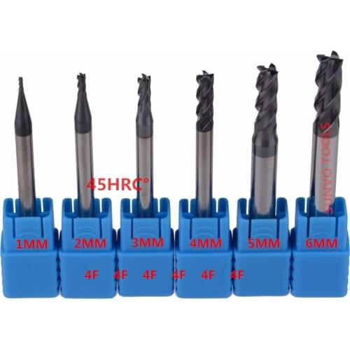 6pcs HRC45 HRC55 3f 2/4 flutes 2/4 F 1/2/3/4/5/6MM CNC Tool Tungsten Carbide End Mill set CNC router Aluinum milling cutter
