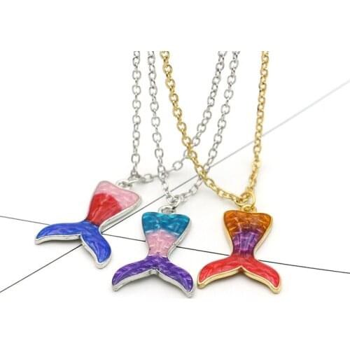 JAKONGO Silver Plated Enamel Mermaid Tail Pendant Long Necklace DIY Charms Chain Necklace for Women Handmade 50cm