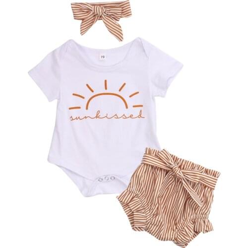0-24M Summer Newborn Infant Baby Girl Outfits Letter Romper Bow Striped Shorts Clothes Set Toddler Girls Costumes