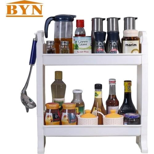 BYN KITCHEN ACCESSORIES Ivory 2 Tier Non Toxic PP Spice Rack Service Cart With Hooks DQ1402-1