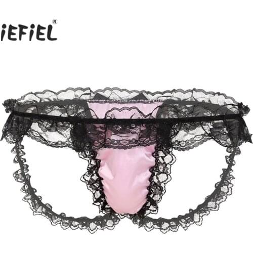 IEFiEL Mens Lingerie Sissy Panties Low Rise Bulge Pouch T-back Tangas Frilly Panties Ruffled Lace Briefs Exotic Sexy Underwear