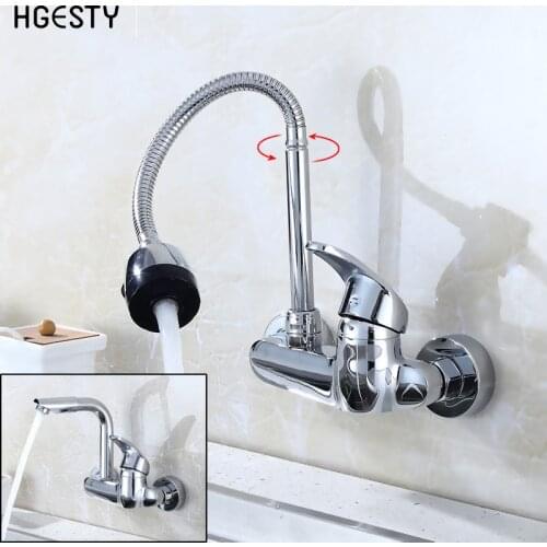 Wall Mounted Double Holes Flexible Pipe Kitchen Faucet 360 Degree Swivel Sink Basin Tap Hot Cold Water Mixer Tap Single Handle