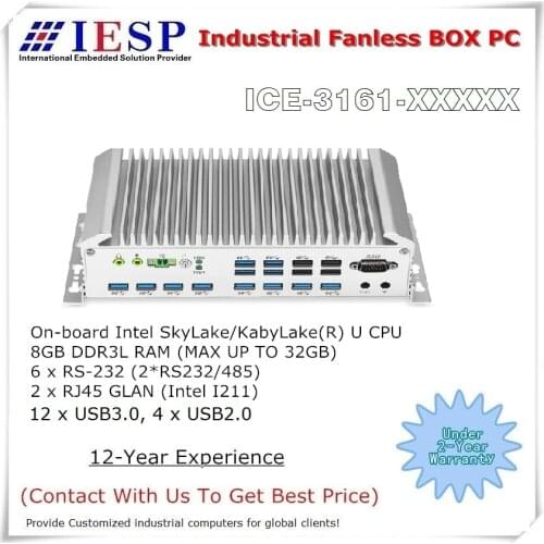 Fanless Box PC, 6 * COM, 12 * USB3.0, 4*USB2.0, 2 * I211 GLAN, SkyLake/KabyLake(R) U CPU, Rugged Industrial Computer