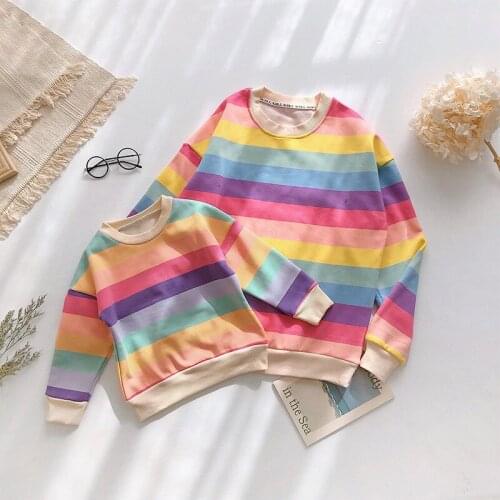 Rainbow Stripe Family Matching Sweatshirt Autumn Mommy and Me Clothes Family Look Long Sleeve Tops Family Matching Clothes