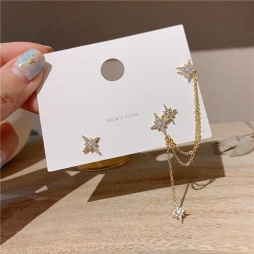 Korean version of the temperament asymmetrical hexagon star earrings personality super fairy long tassel ear bone clip earrings