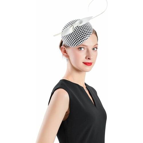 Hot Sale Wedding Hat Women Elegant Banquet Church Fedoras Woman Hat Fascinator Black White Plaid With Bow Bonnet Cocktail Cap