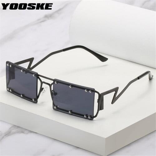 YOOSKE Metal Square Sunglasses Men Vintge Unique Temple Rimless Sun Glasses for Women Retro Black Eyeglasses Shades UV400