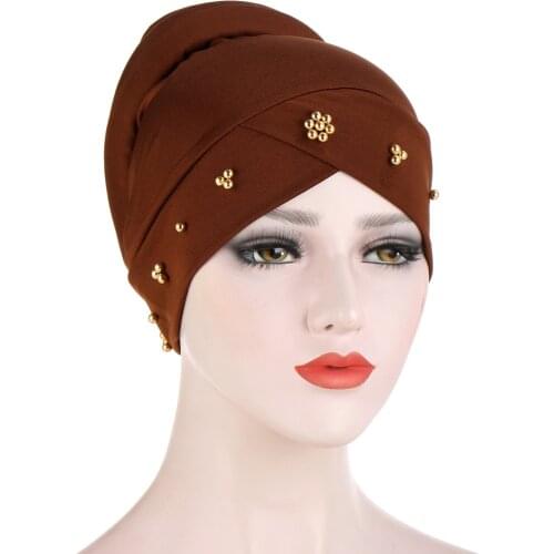 European and American solid color turban cap, beaded Muslim chemotherapy cap, back sponge head cap