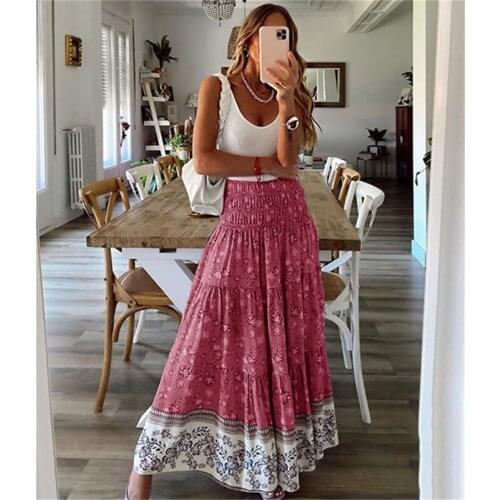 Women Floral Print Skirts Autumn New High Waist Stretchy Robe Maxi Skirt Bohemian Holiday Casual Loose Elegant Long Female Red