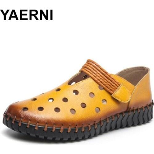 YAERNI Fashion Women Shoes Handmade Genuine Leather Hollow Flat Shoes Woman Loafers Soft Comfortable Casual Shoes Women Flats
