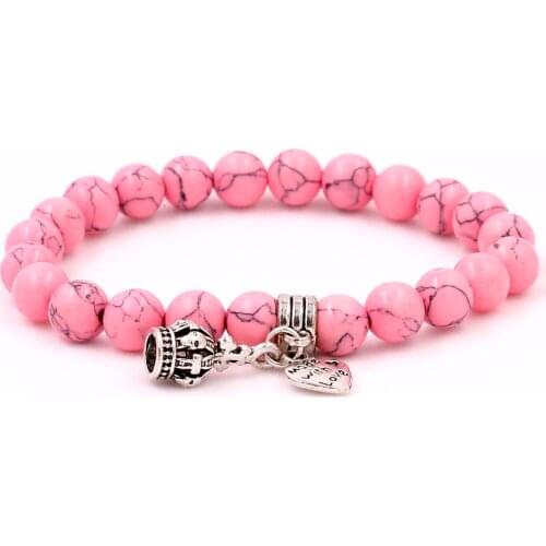 Pink Marble Bracelets Crown Heart Pendent Charm Fine Women Jewelry Lucky Stone Bead Gift for Valentine Lover