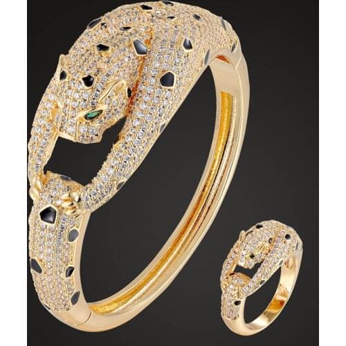Zlxgirl perfect shape leopard copper animal bangle with ring jewelry sets women size Enamel animal bracelet bangle sets