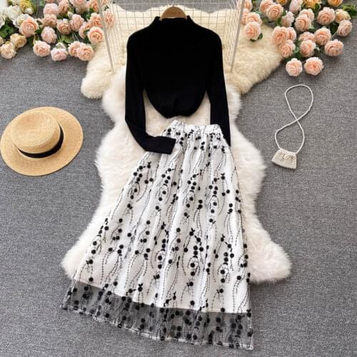 Autumn Fashion Runway Design Two Piece Set Women Knit Sweater Pullover+High Waist Mesh Embroidery Midi Skirts Office Lady Suits