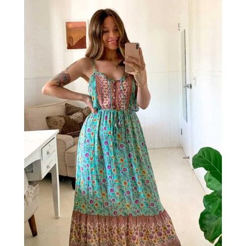 2021 spring green floral straps summer Dresses buttons down long boho Sleeveless dress for women new beach plus size party wear