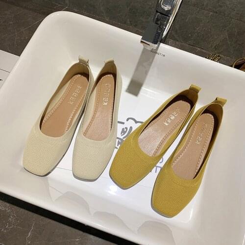 Women Flats Ballet Shoes Breathable Knitted Square Toe Moccasins Thick Heels Beige Yellow Flat Ballerina Shallow Female Shoes AB