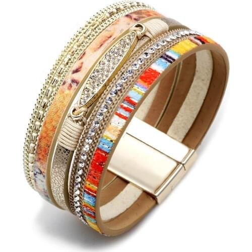 Bohemia Multilayer Women Bracelet Jewelry Charms Rhinestone Pave Pendant Magnetic Buckle Button Cuff Bangle Accessories