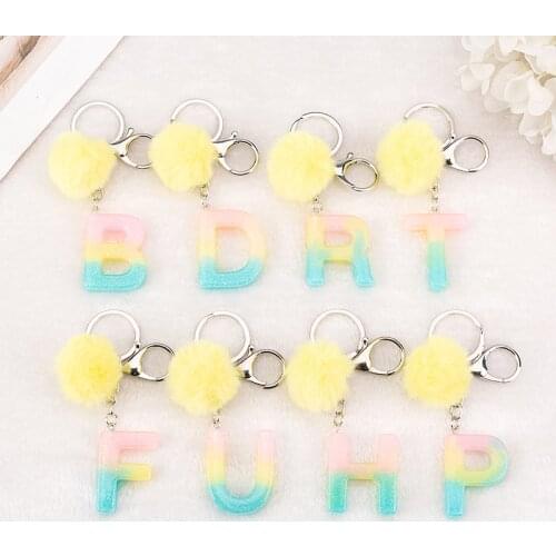 1PC Keyring Rainbow Color English Letter Keychain with Puffer Ball 26 English word Glitter Resin A TO Q Handbag Charms for Woman