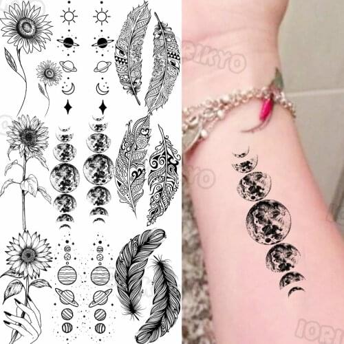 Black Planet Small Temporary Tattoos For Women Girls Realistic Sun Flower Feather Tribal Fake Tattoo Sticker Arm Body Tatoos 3D