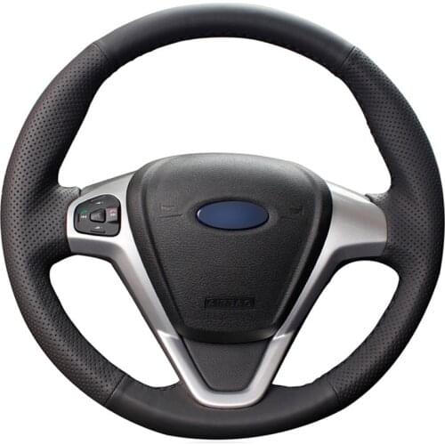 Black PU Faux Leather DIY Hand-stitched Car Steering Wheel Cover for Ford Fiesta 2008-2013 Ecosport 2013-2016
