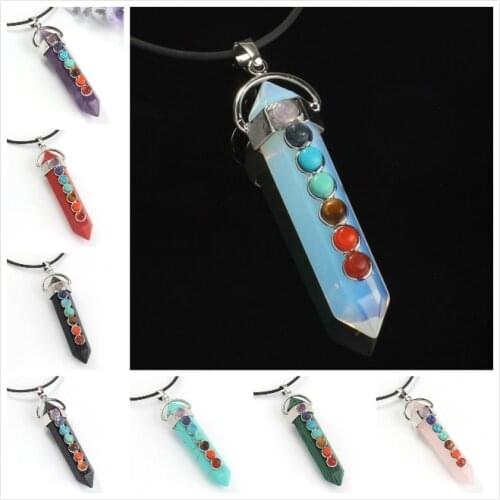 FYJS Unique Silver Plated Hexagon Column Amethysts Stone Pendant Opalite Opal Healing Chakra Jewelry