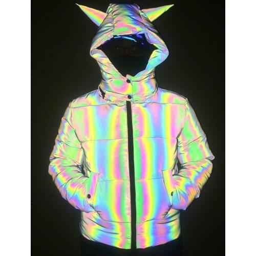 Winter New Ladies Colorful Reflective Cotton Clothing Cute Hat Unicorn Luminous Cotton Clothing Little Monster Cotton Jacket
