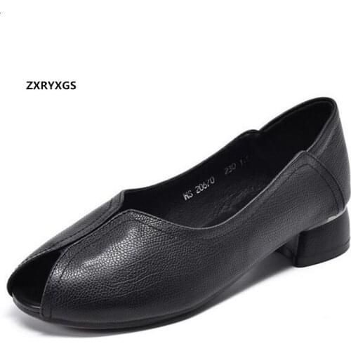 Hot 2020 New Top Soft Cowhide Fish Mouth Shoes Woman Leather Shoes Shallow Soft Sole Comfortable Low Heeed Shoes Casual Shoes
