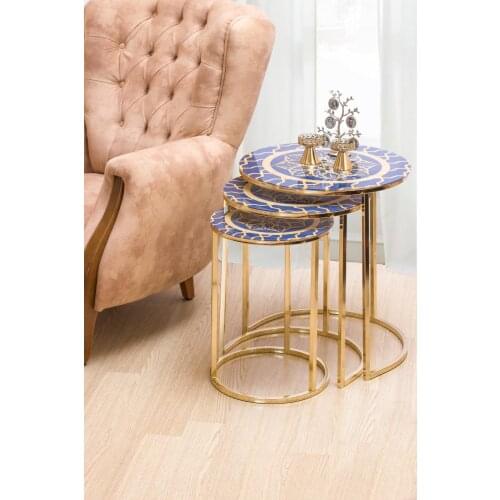 Mavi etnik desenli gold ayaklı üçü zigon sehpa kahve sehpası