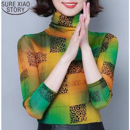 Fashion Mesh Hollow shirts Autumn Winter Long Sleeve Sexy Women Blouses Print Lace Warm Ladies Tops Plus Size Turtleneck 7535 50