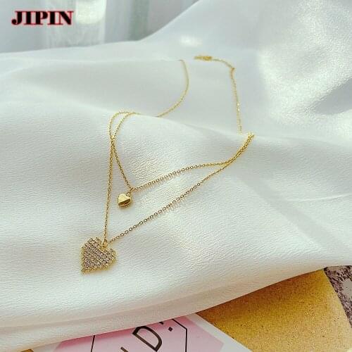 Trendy Jewelry Double Chain Heart Shaped Zircon Micro inlay Necklace with Earrings for Everyday Wedding Best Gift B01116