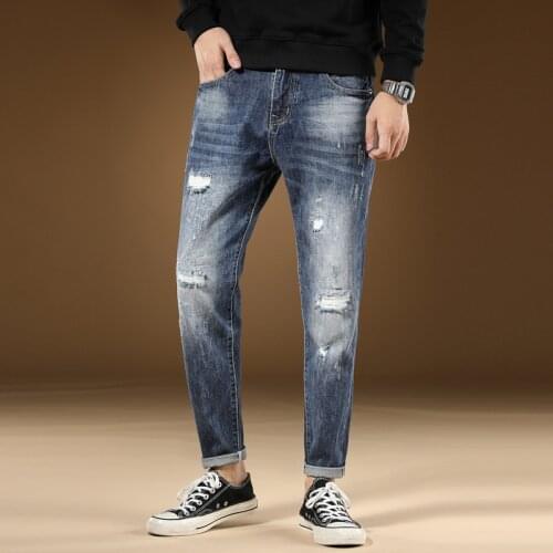 Mens Jeans Korean Version Of The Trend Of Slim Tight Small Foot Hole Street Style Casual Simple Joker Waist Nine Minute Pants