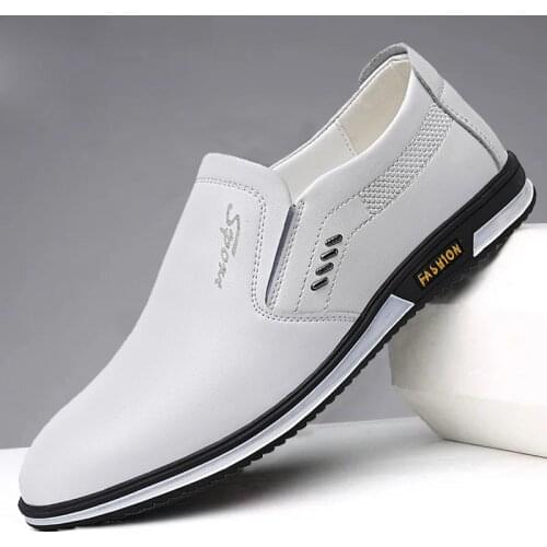 Mens Leather Casual Shoes 2021 Spring Winter Casual Shoes Mens Breathable British Leather Shoes White Leather Slip-on Footware