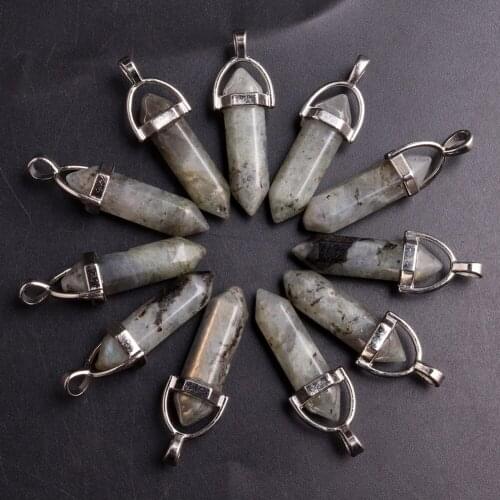 24/50/100pcs Assorted Labradorite Pendants Natural Moon Stone Pillar Necklace Pendants Healing Hexagonal Column Pendulum Jewelry