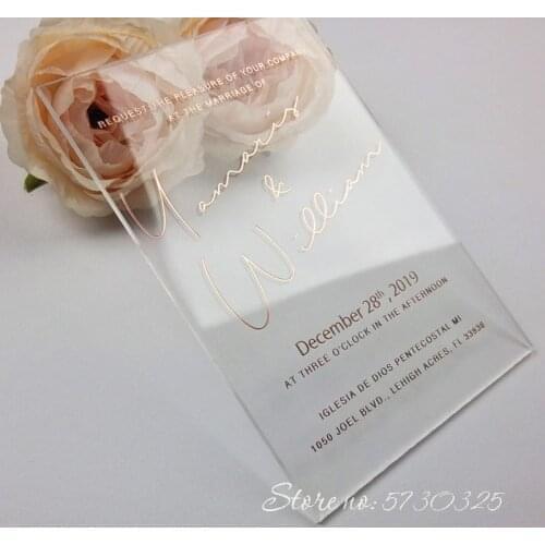 Rose gold foiling printing acrylic invitation cards wedding party invited transperant acrylic customized invitations card supply
