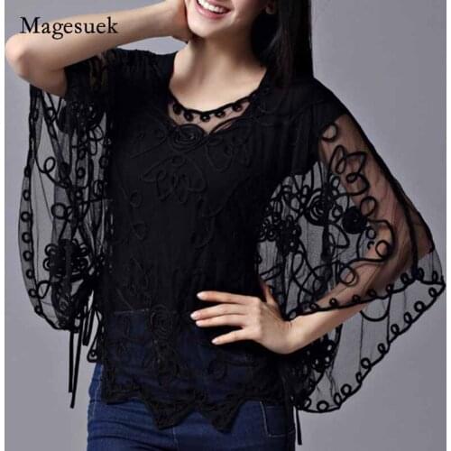 New Embroidery Lace Mesh Shirt Blouse Women Batwing Sleeve Loose Sexy White Top Blouses Women Plus Size Female Shirt Blusas 803J