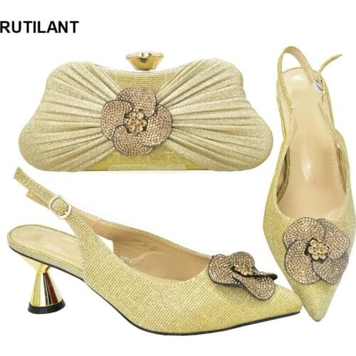 New Gold Color Ladies Shoes with Matching Bags Set Fashion Italian Women Wedding Pumps withS Purse 2020 High Heels Sandals