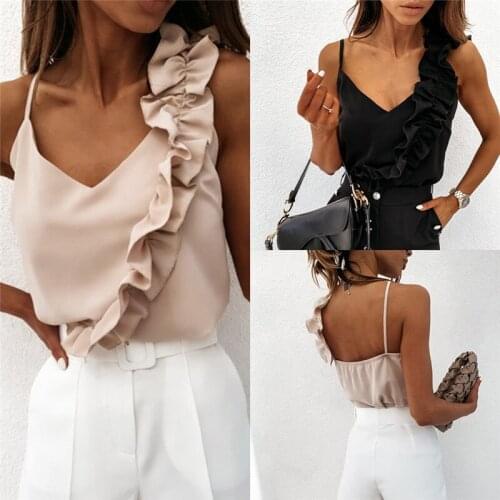 Women Summer Blouse Shirts Sexy V Neck Ruffle Blouses Backless Spaghetti Strap Office Ladies Sleeveless Casual Tops