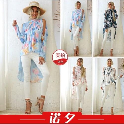 Womens Summer Fashion Round Neck Print Raglan Long Sleeve Sunscreen Lady Chiffon Shirt Fashions