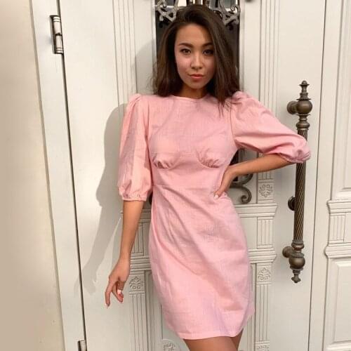 Women Vintage Lantern Sleeve Straight Party Dress Half Sleeve O neck Solid Elegant Casual Dress 2020 Autumn Fashion Women Dress